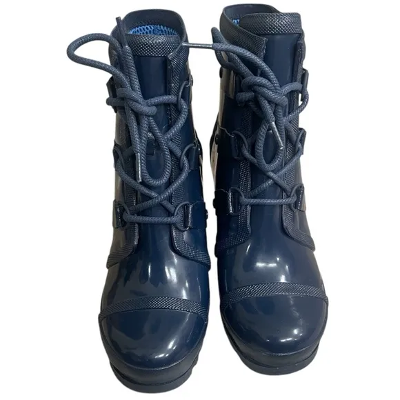 Sorel Joan of Arctic Rain Wedge Rain Boots Waterproof Navy Blue Rubber 8.5 lady