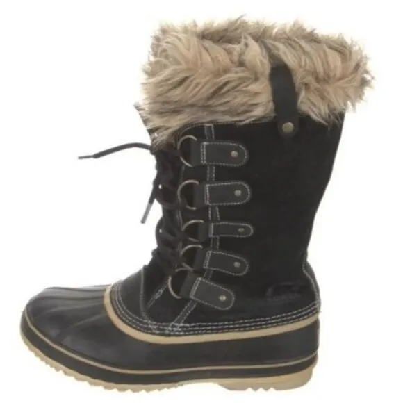 SOREL Joan of Arctic Snow Winter Boots 10 Black Waterproof Leather Faux Fur Cuff