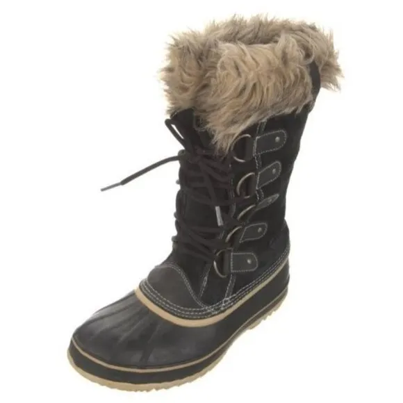SOREL Joan of Arctic Snow Winter Boots 10 Black Waterproof Leather Faux Fur Cuff