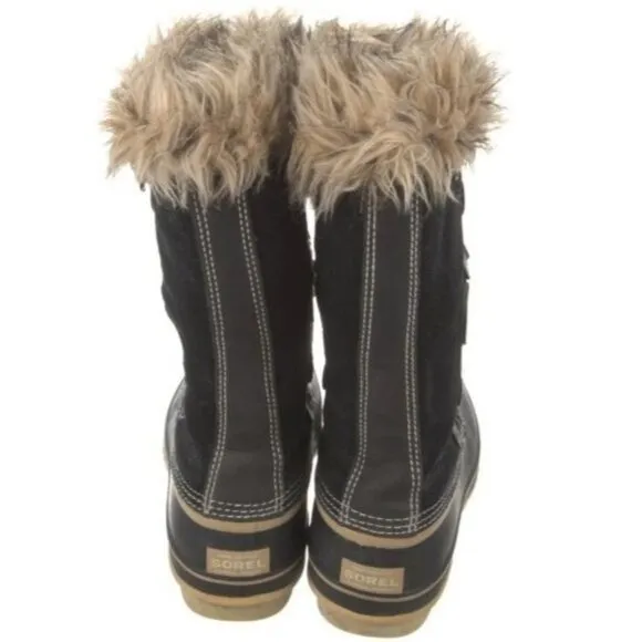 SOREL Joan of Arctic Snow Winter Boots 10 Black Waterproof Leather Faux Fur Cuff