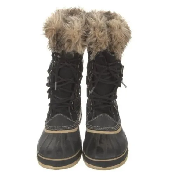 SOREL Joan of Arctic Snow Winter Boots 10 Black Waterproof Leather Faux Fur Cuff