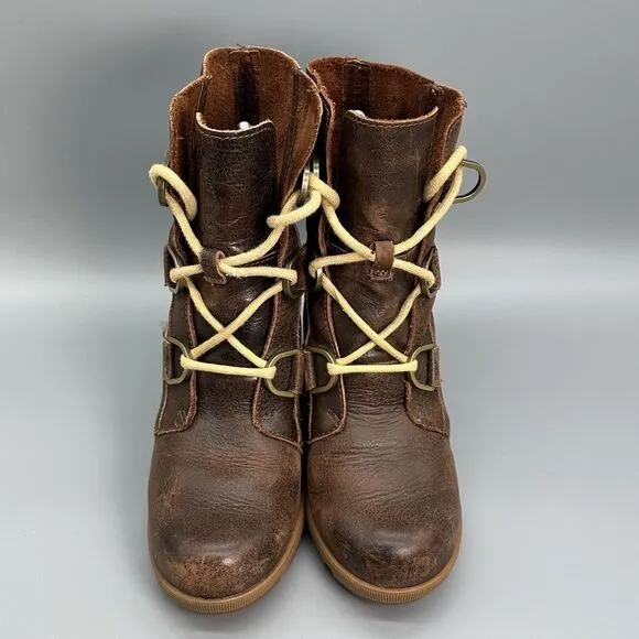 Sorel Joan of Arctic Wedge II Boots Women's 5 Brown Leather Lace Up Waterproof