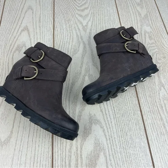 Sorel Joan Of Arctic Wedge II Leather Buckle Booties 6.5M Blackened Brown $235