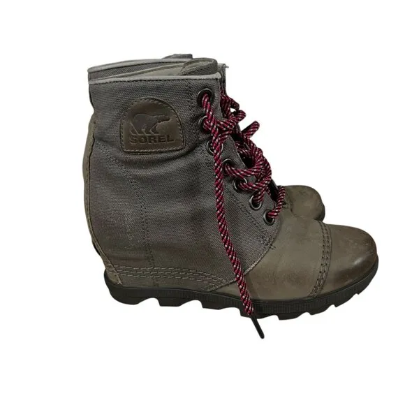 Sorel Joan Of Arctic Wedge PDX Leather Boots With Red Laces Size 7M