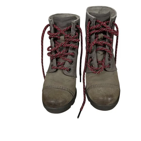 Sorel Joan Of Arctic Wedge PDX Leather Boots With Red Laces Size 7M