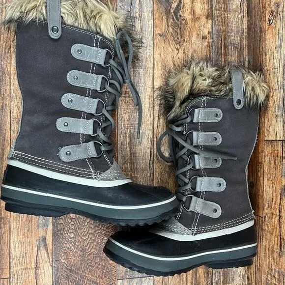 Sorel Joan of Arctic Winter Fur Boots Women's 6 Gray Waterproof Suede Lace Up