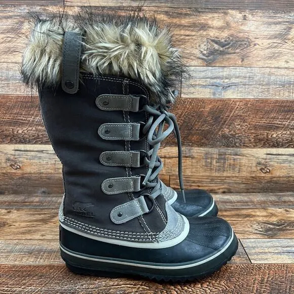 Sorel Joan of Arctic Winter Fur Boots Women's 6 Gray Waterproof Suede Lace Up