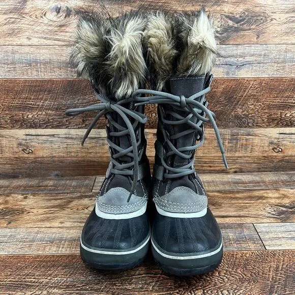 Sorel Joan of Arctic Winter Fur Boots Women's 6 Gray Waterproof Suede Lace Up