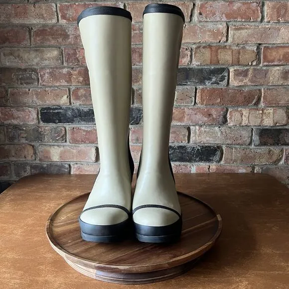Sorel Joan Rain Wedge Tall Felt Rubber Boots US 9 Women's Beach Black Tan Rain