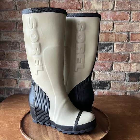 Sorel Joan Rain Wedge Tall Felt Rubber Boots US 9 Women's Beach Black Tan Rain
