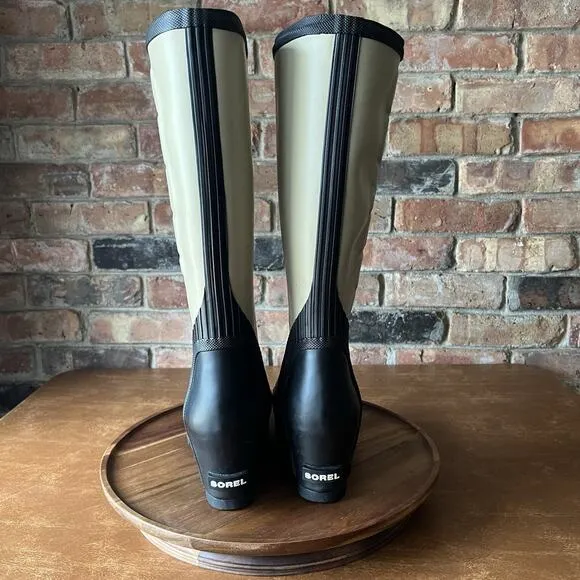 Sorel Joan Rain Wedge Tall Felt Rubber Boots US 9 Women's Beach Black Tan Rain