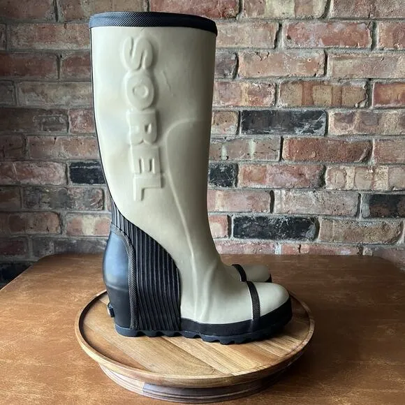 Sorel Joan Rain Wedge Tall Felt Rubber Boots US 9 Women's Beach Black Tan Rain