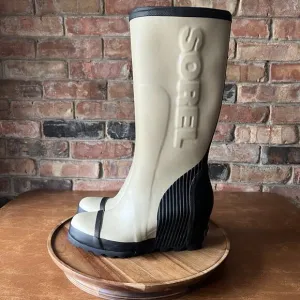 Sorel Joan Rain Wedge Tall Felt Rubber Boots US 9 Women's Beach Black Tan Rain