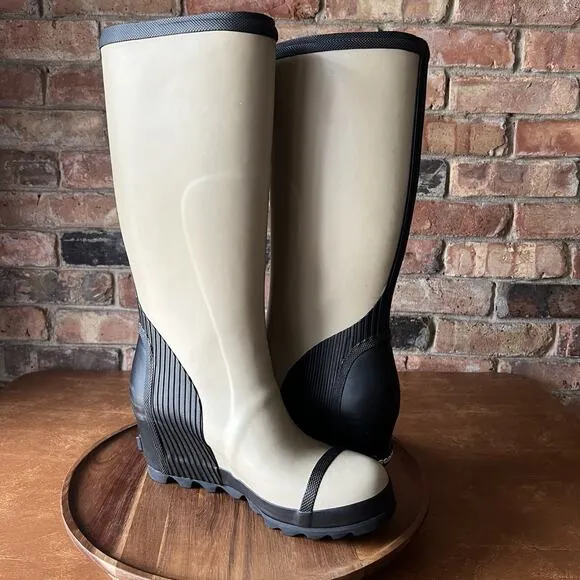Sorel Joan Rain Wedge Tall Felt Rubber Boots US 9 Women's Beach Black Tan Rain