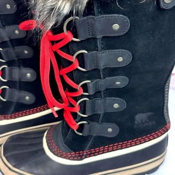 Sorel Joan Of Arctic Winter Waterproof Lace Up Black Suede Faux Fur Trim Boots 7