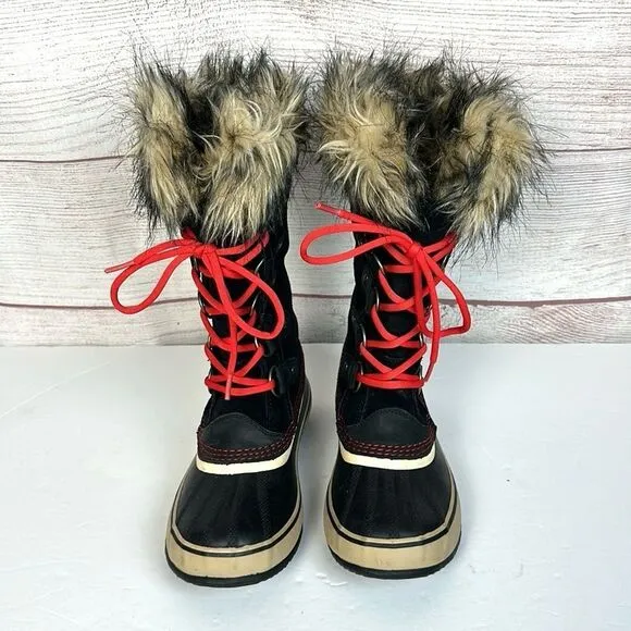 Sorel Joan Of Arctic Winter Waterproof Lace Up Black Suede Faux Fur Trim Boots 7