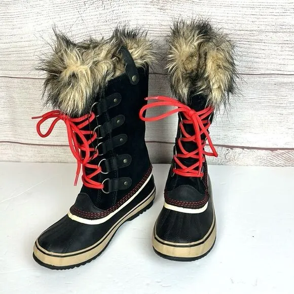 Sorel Joan Of Arctic Winter Waterproof Lace Up Black Suede Faux Fur Trim Boots 7