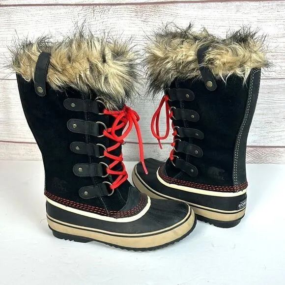 Sorel Joan Of Arctic Winter Waterproof Lace Up Black Suede Faux Fur Trim Boots 7