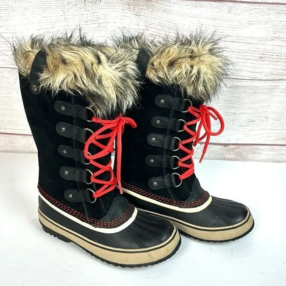 Sorel Joan Of Arctic Winter Waterproof Lace Up Black Suede Faux Fur Trim Boots 7