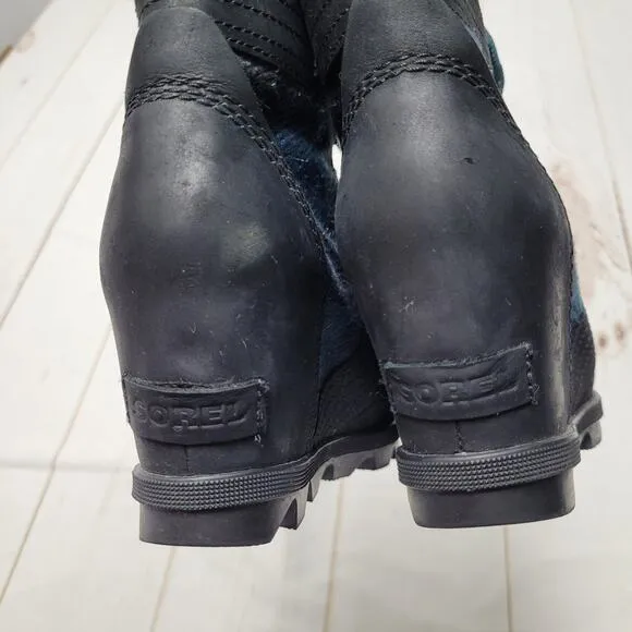 Sorel Lexie wedge boots black blue plaid waterproof