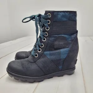 Sorel Lexie wedge boots black blue plaid waterproof