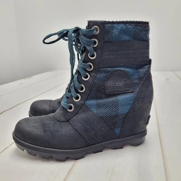 Sorel Lexie wedge boots black blue plaid waterproof