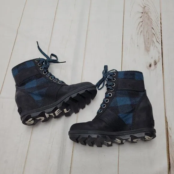 Sorel Lexie wedge boots black blue plaid waterproof