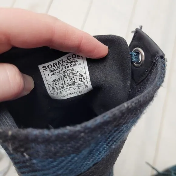 Sorel Lexie wedge boots black blue plaid waterproof
