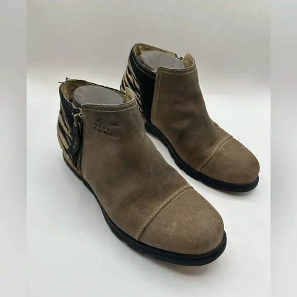 Sorel Major Low Ankle Boots Booties Shoes Womens SZ 7.5 Beige Suede Fur Leather