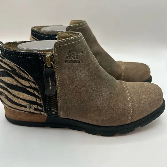 Sorel Major Low Ankle Boots Booties Shoes Womens SZ 7.5 Beige Suede Fur Leather