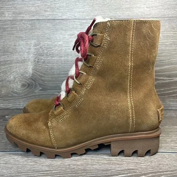 Sorel Phoenix Short Lace Waterproof Tan Suede Women’s Sz 6.5 Shearling Boots