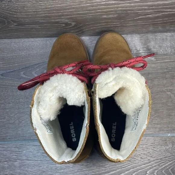 Sorel Phoenix Short Lace Waterproof Tan Suede Women’s Sz 6.5 Shearling Boots