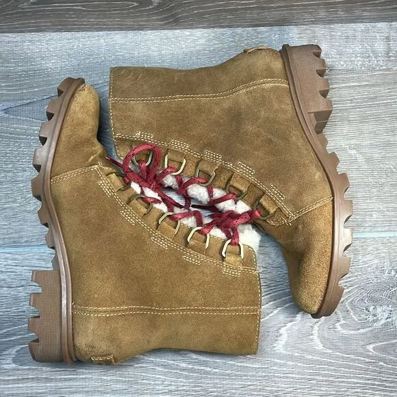 Sorel Phoenix Short Lace Waterproof Tan Suede Women’s Sz 6.5 Shearling Boots