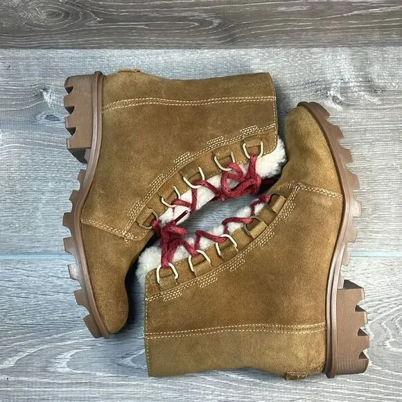 Sorel Phoenix Short Lace Waterproof Tan Suede Women’s Sz 6.5 Shearling Boots