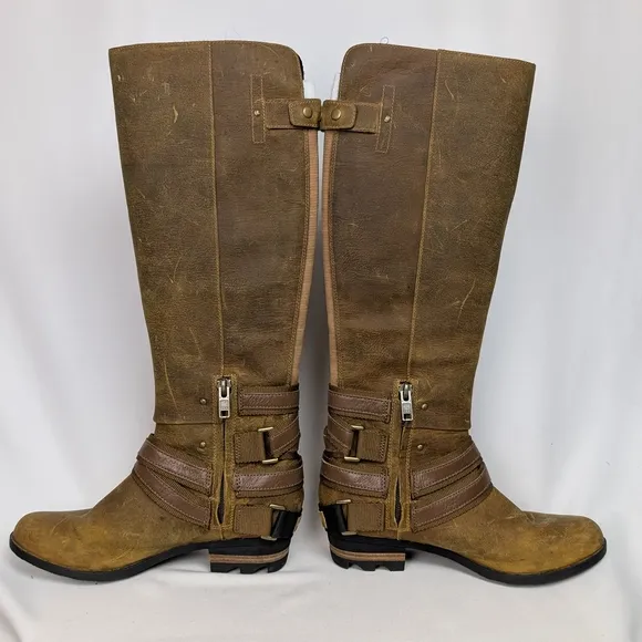 Sorel sz. 9 Lola Tall Riding Boots Distressed Leather Waterproof Knee High Boho