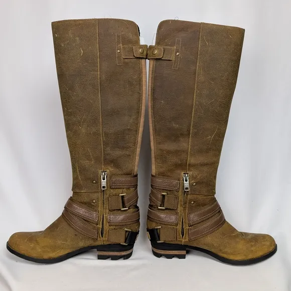 Sorel sz. 9 Lola Tall Riding Boots Distressed Leather Waterproof Knee High Boho