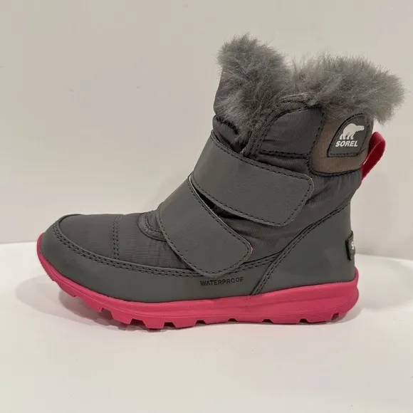 SOREL Whitney II Strap Waterproof Boots Size 12 Gray Pink Winter Faux Fur Lining