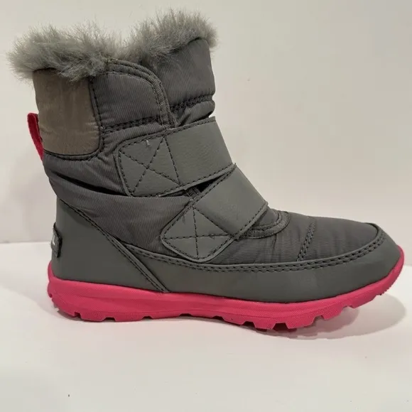 SOREL Whitney II Strap Waterproof Boots Size 12 Gray Pink Winter Faux Fur Lining