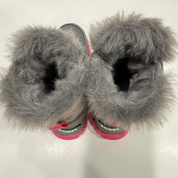 SOREL Whitney II Strap Waterproof Boots Size 12 Gray Pink Winter Faux Fur Lining