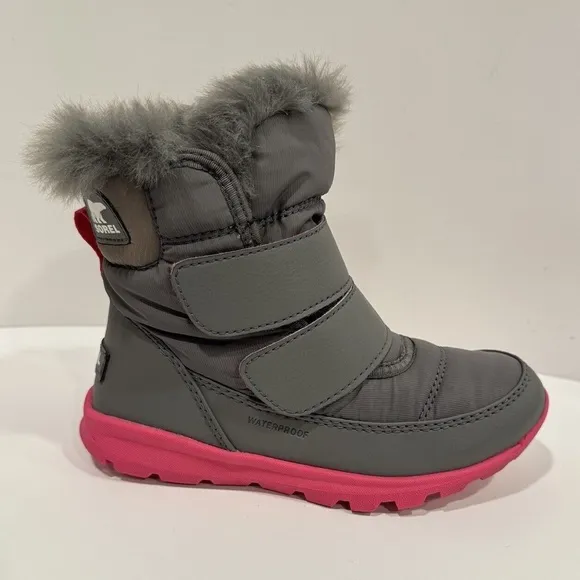 SOREL Whitney II Strap Waterproof Boots Size 12 Gray Pink Winter Faux Fur Lining