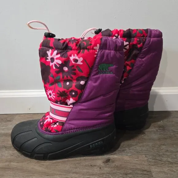 Sorel Winter Snow Boots Pink Purple Floral Print Big Girls Size 6 Womens 8