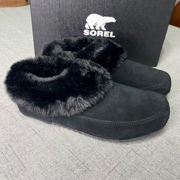 Sorel Women’s Go Coffee Run Slippers Black Suede Leather Fur Slip On Shoes Nwt