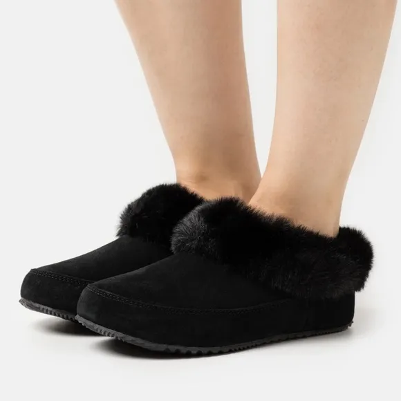 Sorel Women’s Go Coffee Run Slippers Black Suede Leather Fur Slip On Shoes Nwt