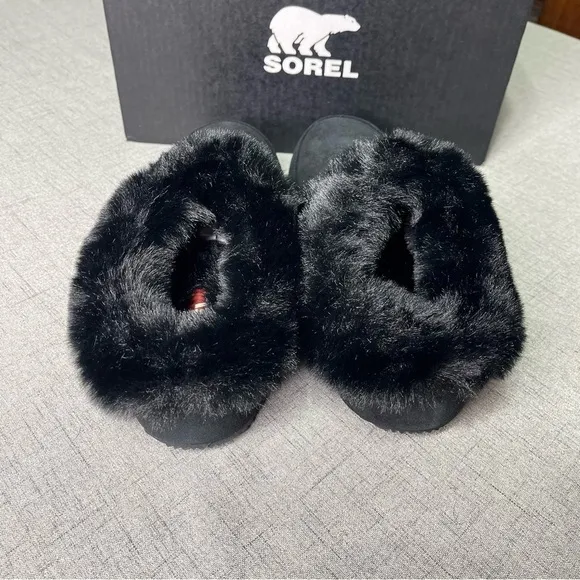 Sorel Women’s Go Coffee Run Slippers Black Suede Leather Fur Slip On Shoes Nwt