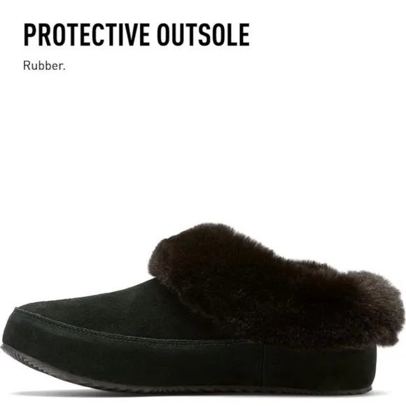 Sorel Women’s Go Coffee Run Slippers Black Suede Leather Fur Slip On Shoes Nwt