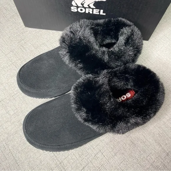 Sorel Women’s Go Coffee Run Slippers Black Suede Leather Fur Slip On Shoes Nwt