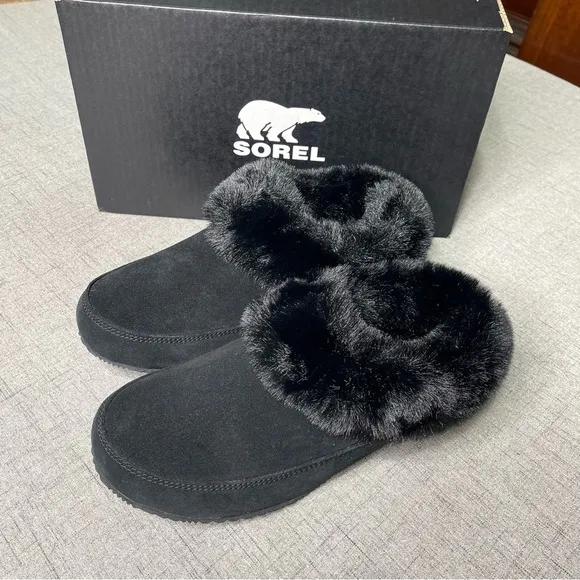 Sorel Women’s Go Coffee Run Slippers Black Suede Leather Fur Slip On Shoes Nwt