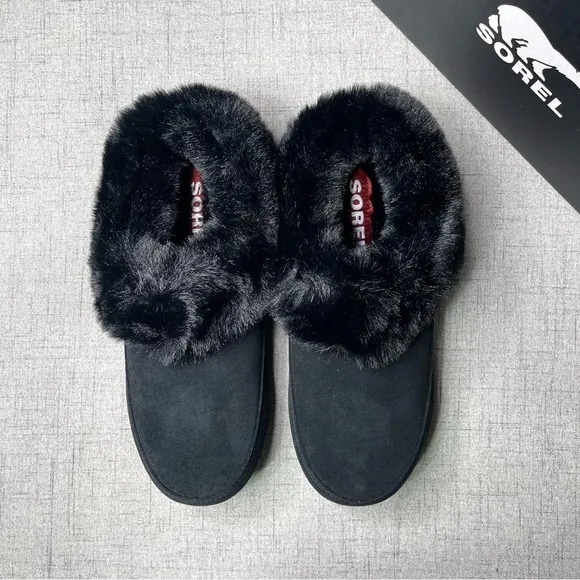 Sorel Women’s Go Coffee Run Slippers Black Suede Leather Fur Slip On Shoes Nwt
