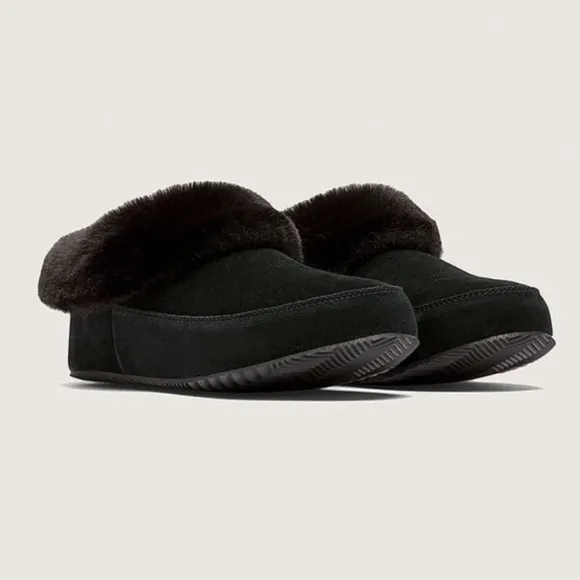 Sorel Women’s Go Coffee Run Slippers Black Suede Leather Fur Slip On Shoes Nwt