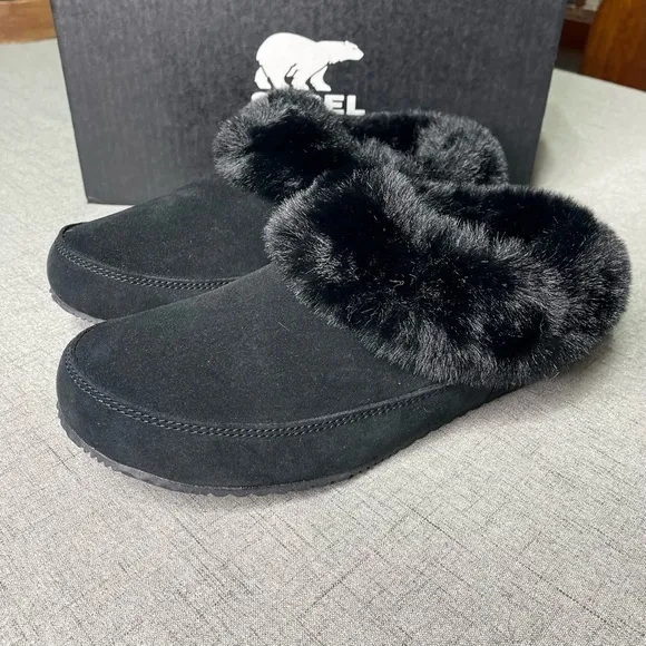 Sorel Women’s Go Coffee Run Slippers Black Suede Leather Fur Slip On Shoes Nwt